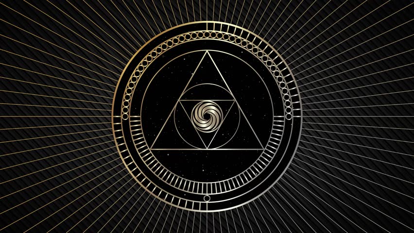 Animation of gold Sacred Geometry, gear in motion of geometric shapes Circles, triangles, golden proportion, Mystical logo design, masonic simbol, occult magic spiral on radiant sunburst video looping