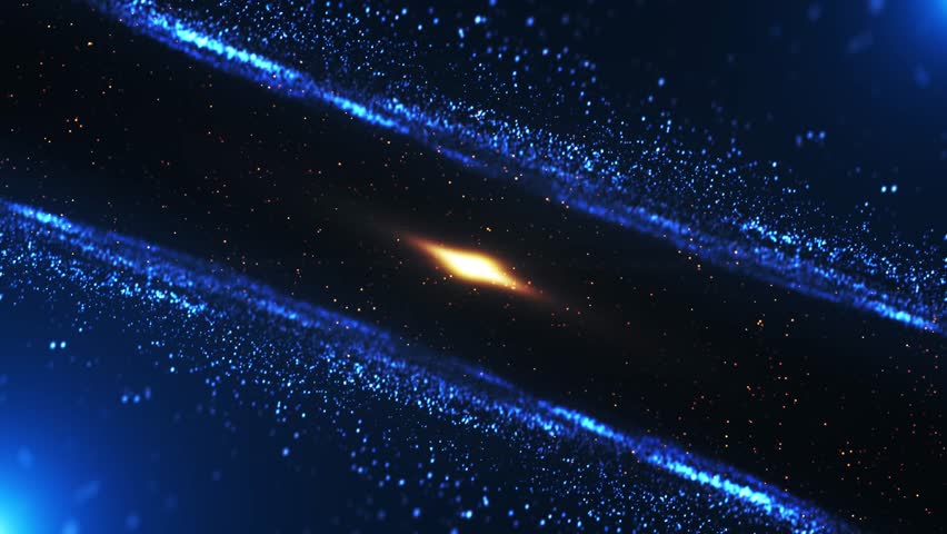 Abstract blue particles and glowing lines with a bright golden light in dark space. Futuristic cosmic motion background perfect for technology, sci-fi, space, and digital projects. Seamless loop