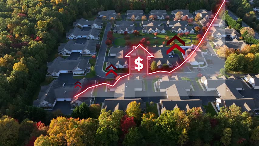 Increasing housing prices in America. Aerial view of modern neighborhood with red house, positive chart animation. Inflation, expensive houses, affordability theme.