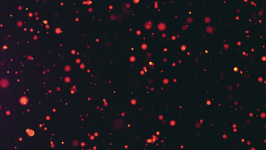 Abstract glowing red and orange particles floating on a dark background, creating a warm, festive, and magical atmosphere. Ideal for celebration, fire embers, and cinematic motion projects