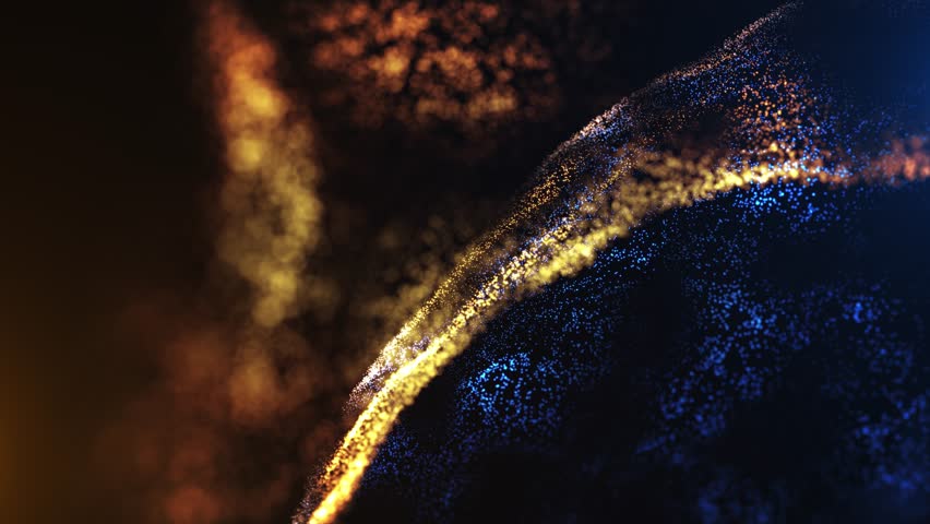 Elegant abstract background with flowing gold and blue particles on a dark backdrop, creating a luxury, cosmic, festive and magical atmosphere for motion design or presentations. Seamless loop 4k