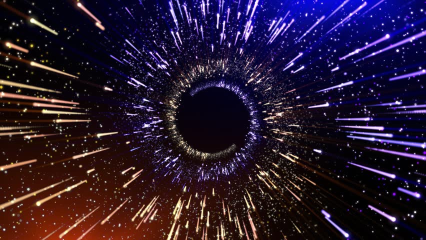 Futuristic tunnel with colorful light streaks and glowing particles flying into a black hole on a dark background, creating a dynamic sci-fi warp speed and space travel effect. Seamless loop
