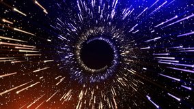 Futuristic tunnel with colorful light streaks and glowing particles flying into a black hole on a dark background, creating a dynamic sci-fi warp speed and space travel effect. Seamless loop - Powered by Shutterstock - Get 15% off with code: PIKWIZARD15