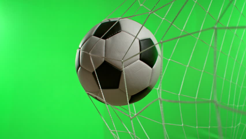 Super Slow Motion Soccer Ball Hitting Goal Net on Green Screen Background 1000fps.