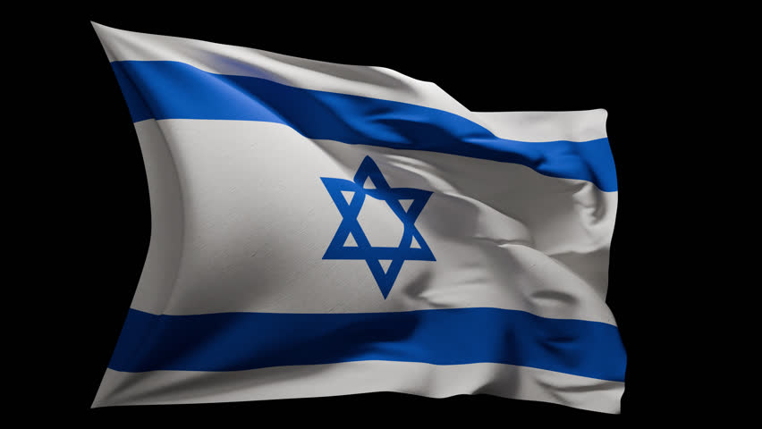 Realistic 3D animation of the Israel flag waving in the wind, isolated on a transparent alpha channel. Seamless loop animation