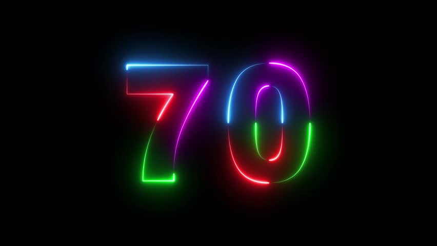 Neon countdown timer number 70 animation. Glowing neon 70 numbers.