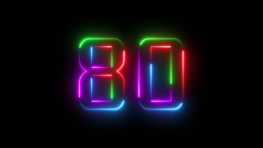 Neon countdown timer number 80 animation. Glowing neon 80 numbers.