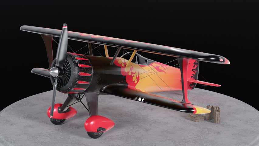 Biplane Flame Flyer. Single-engine biplane. 3D computer animated video