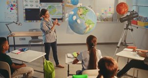 Science Lesson: Female Teacher Educating Smart Kids Using Model of Planet Earth. Primary School Children Studying Renewable Energy and Solar System in Modern Multiethnic Classroom. STEM Education. - Powered by Shutterstock - Get 15% off with code: PIKWIZARD15