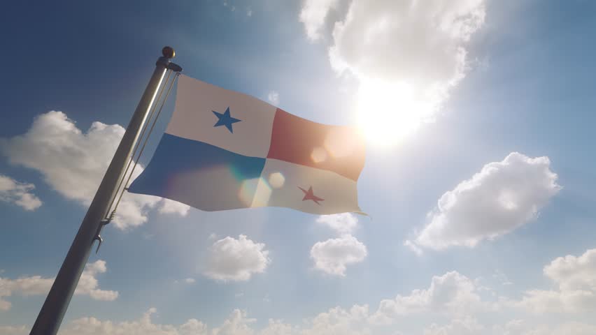 Panama Flag on a Flagpole with a cloudy blue sky background