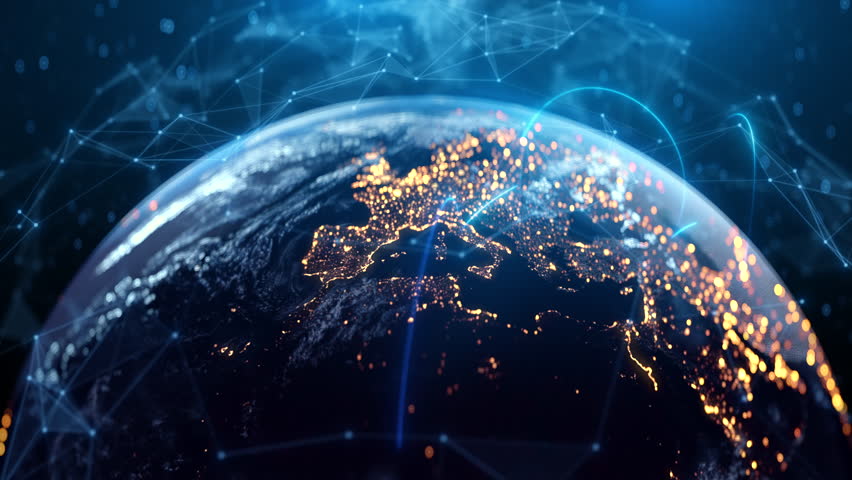 Global Connection Lines. Network Data Transfer Over Earth. Futuristic AI Technology, 5G, Satellite Communication, Internet Connectivity, Big Data, Digital World Background Animation. Crypto Exchange