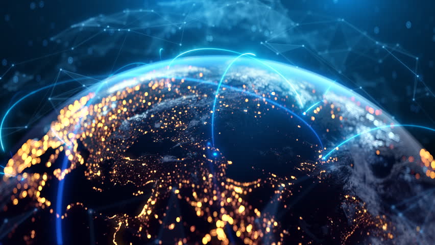 Global Connection Lines. Network Data Transfer Over Earth. Futuristic AI Technology, 5G, Satellite Communication, Internet Connectivity, Big Data, Digital World Background Animation. Crypto Exchange