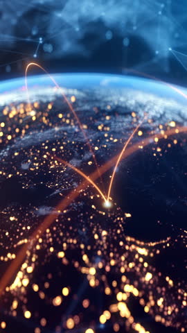 Global Connection Lines. Network Data Transfer Over Earth. Futuristic AI Technology, 5G, Satellite Communication, Internet Connectivity, Big Data, Digital World Background Animation. Crypto Exchange