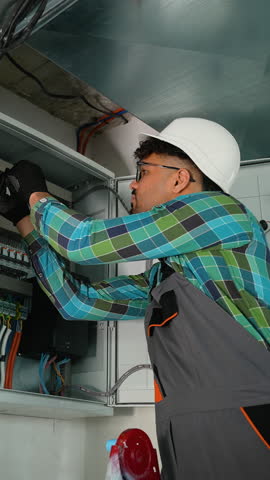 Electrician working on electrical panel installing cables and breakers