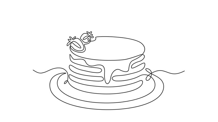 Animation of one line drawing of pancakes with strawberries. Continuous line self drawing. Animated illustration. 4K	