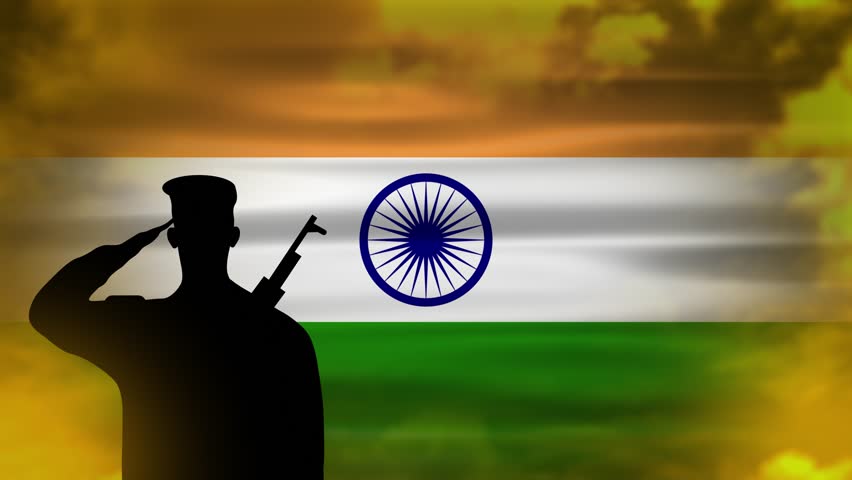 army man saluting indian flag animation with yellow cloud time lapse background. patriotism concept with salute pose.