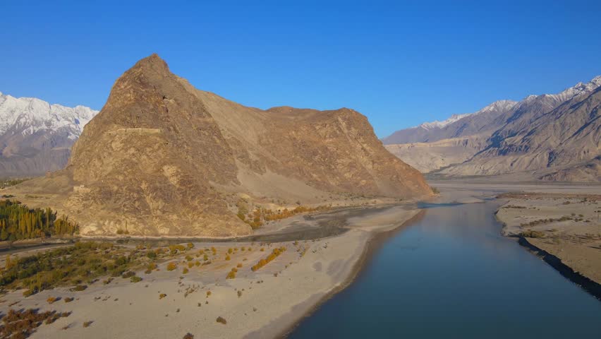 Aerial view of Indus River and Skardu Fort, Pakistan.