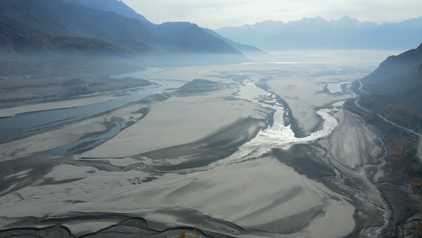 Aerial view of Indus River and mountains, Pakistan.