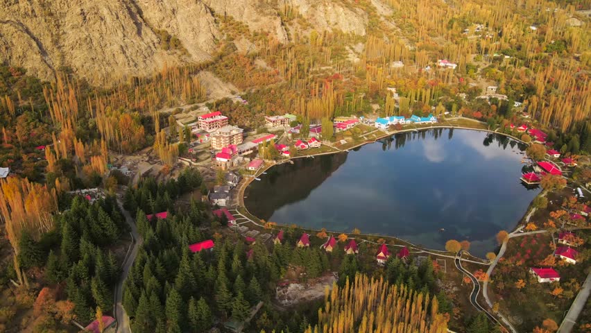 Aerial view of Lower Kachura Lake in autumn, Pakistan.