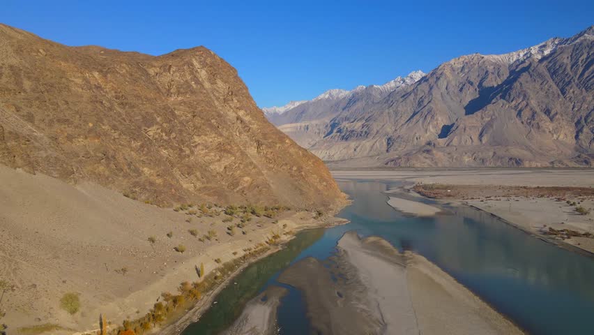 Aerial view of Indus River winding through mountains, Pakistan.