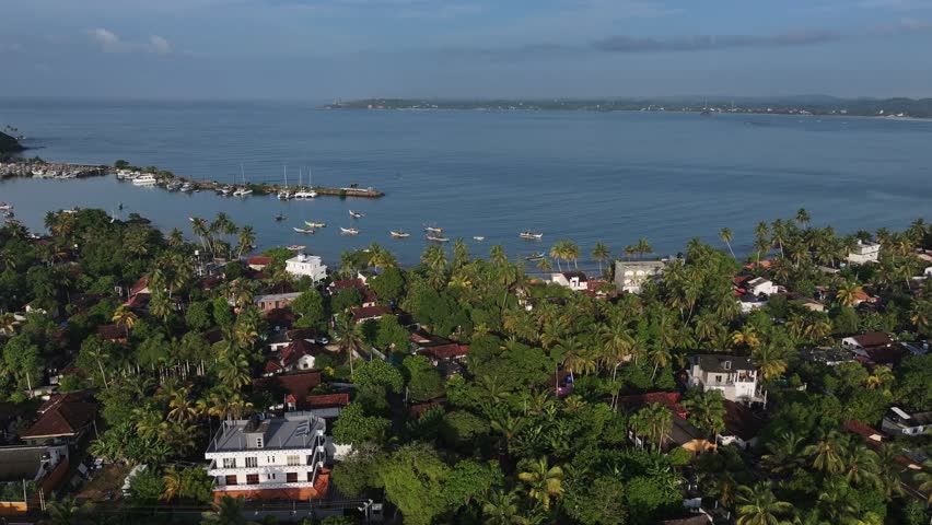 Aerial view of tropical village and fishing boats, Sri Lanka.
