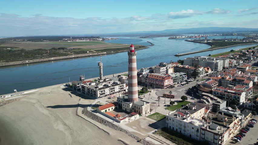 Aerial view of lighthouse and coastline, Portugal.