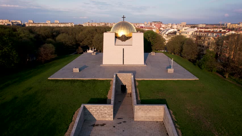 Aerial view of national heroes pantheon in greenery, Bulgaria.