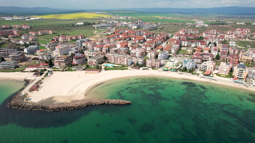 Aerial view of seaside town and beach, Bulgaria.
