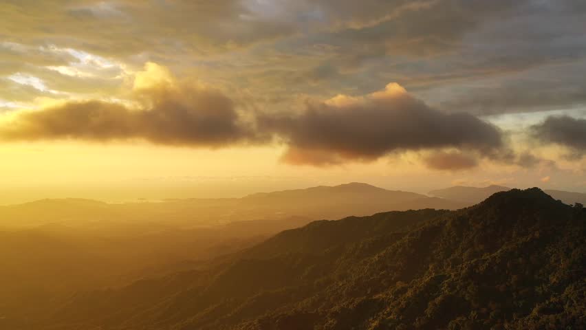 Aerial view of mountains and clouds at sunset, Colombia.