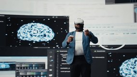 African American programmer engaging in virtual reality with a headset, focusing on system development. Utilizing code on terminal window to debug and design new software. IT career. Camera A. - Powered by Shutterstock - Get 15% off with code: PIKWIZARD15