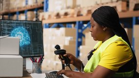 African american female scanning shipping labels with AI brain neural networks, support for the package tracking software system. Woman handling online shopping orders in warehouse. Camera B. - Powered by Shutterstock - Get 15% off with code: PIKWIZARD15