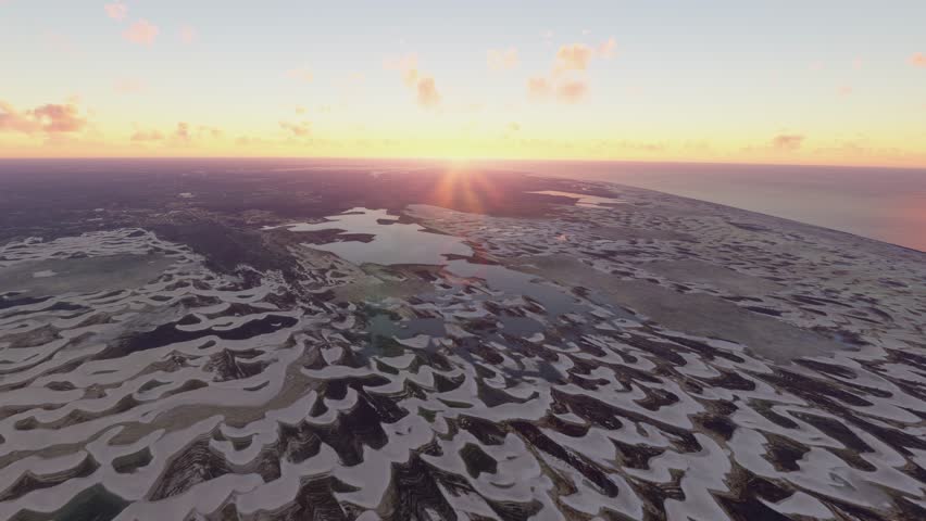 3D - Sunset aerial view of Parque Nacional dos Lençóis Maranhenses in Maranhão. Brazil