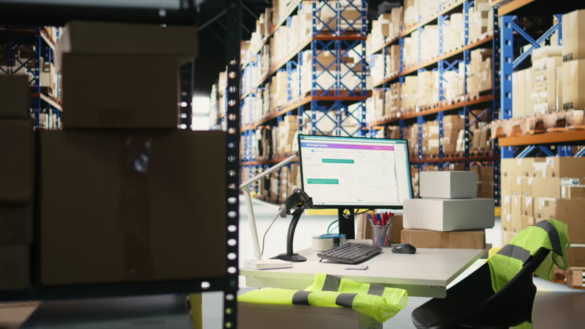 Empty e-commerce warehouse depot used for shipping cargo products in boxes from online shopping local brand, ensuring fast delivery from the supply room. Fulfillment center.