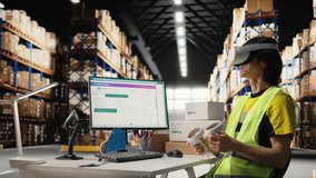 Worker in hi vis vest uses a VR headset connected to AI for hands free inventory control, parcel shipment tracking and order fulfillment. Virtual reality improves fast delivery. Camera A. - Powered by Shutterstock - Get 15% off with code: PIKWIZARD15