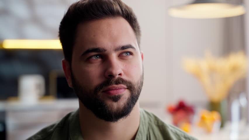 Pensive thoughtful Caucasian business man male guy homeowner model client businessman customer think touching chin gesture pondering choosing decide nodding head idea decision at home inside apartment