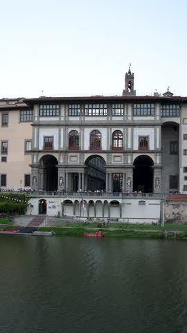 Florence - 09 14 2024: View of the Uffizi Gallery in Florence from across the Arno River, Tuscany, Italy