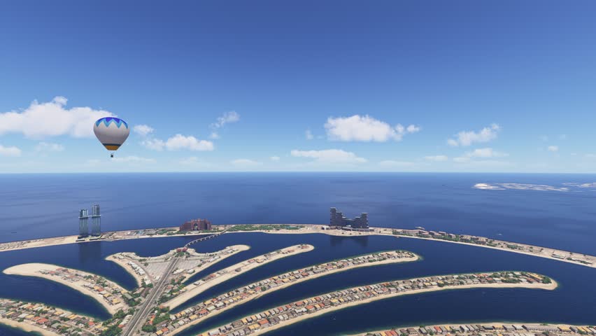 3D - Circular aerial drone shot of Balloon Flights in Jumeirah Palm. Dubai. United Arab Emirates