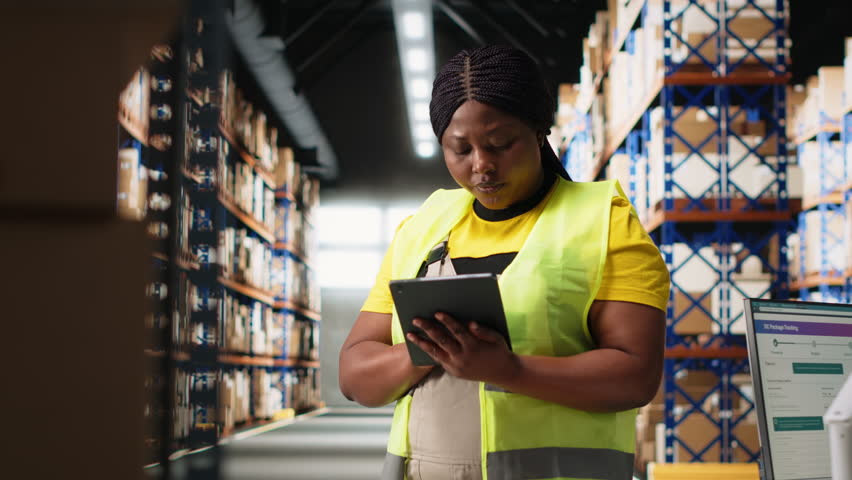 Black depot worker uses package tracking interface on tablet for inventory control for the delivery service, industrial warehouse filled with big storage racks. Online shopping logistics. Camera B.