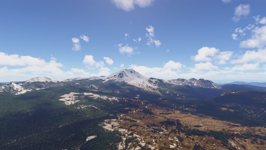 3D - Side aerial drone shot of the snow at Lassen Volcanic National Park. California. United States