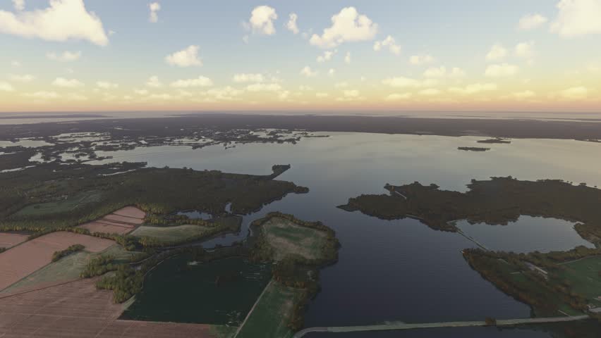 3D - Circular aerial view at sunset at Blackwater National Wildlife Refuge in Cambridge. Maryland. United States