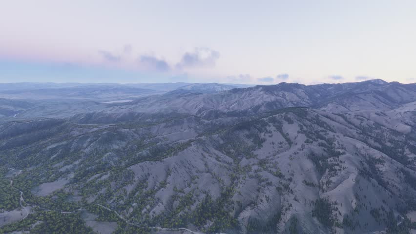 3D - Side aerial view at sunrise at Helena National Forest. Montana. United States