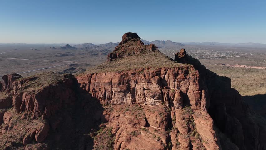 Aerial view of red mountain and rock formations, United States.
