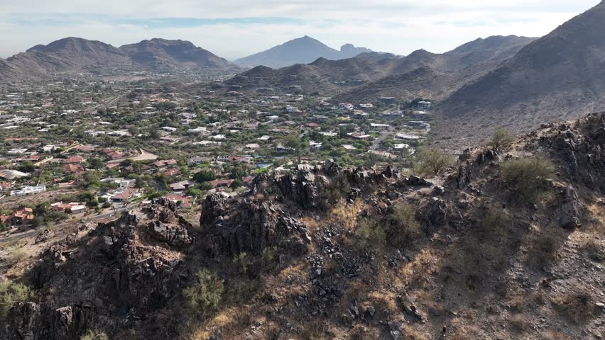Aerial view of phoenix mountains and homes, United States.