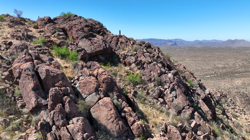 Aerial view of rugged mountains and cacti, United States.