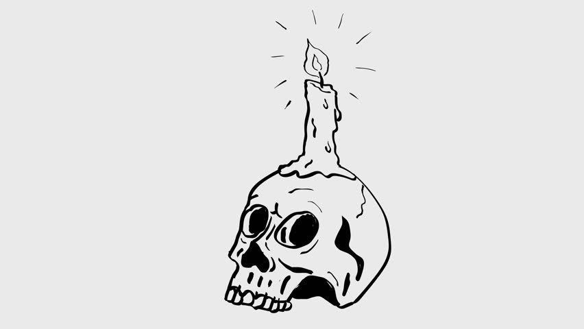 2d Animation cartoon character drawing of a skull with lit or lighted candle burning light on white, black and green screen in 4k ultra-high-definition.