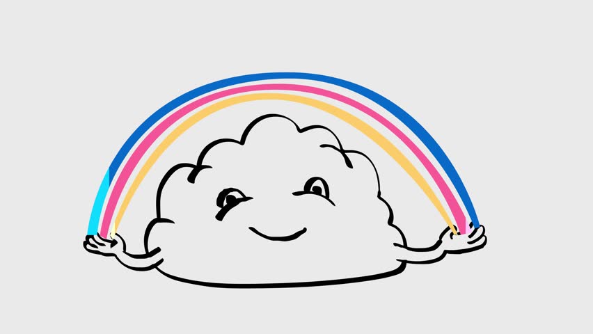 2d Animation cartoon character drawing of a happy cloud making a rainbow on white, black and green screen in 4k ultra-high-definition.
