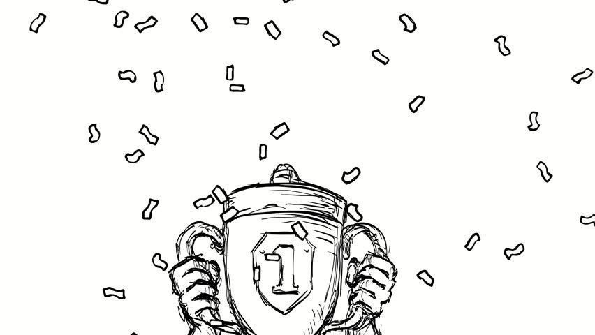 2d Animation cartoon character drawing of hands raising sports championship trophy on white, black and green screen in 4k ultra-high-definition.