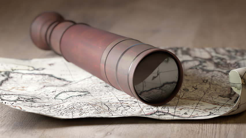 Cinematic treasure map and brass scope rest on wooden table with warm light and shadows, for adventure intro