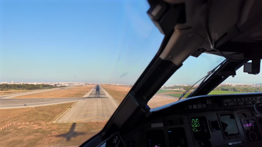 A real time pilot’s view of a real time landing at Valencia’s airport runway 12 through the Captain’s window, with the elongated shadow of the jet on the runway. Wide-angle shot, ultra-realistic.