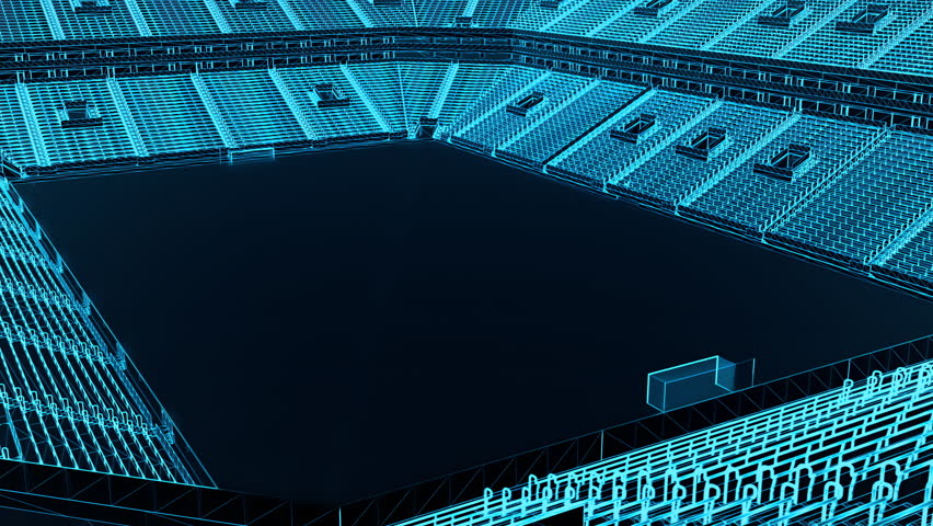 Blue wireframe stadium glows with digital grid and tech lines in slow cinematic zoom, for sports promo